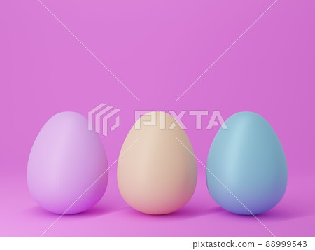 純粉色背景上的三個彩色雞蛋（3D 側面）。 88999543