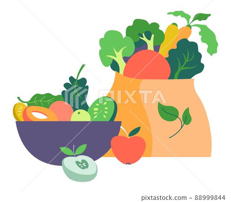 Bag and bowl with vegetables and fruits vector 88999844