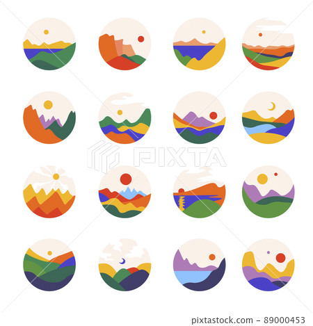 Landscapes and meadows, valley and nature icons Landscapes and meadows, valley and nature icons 89000453