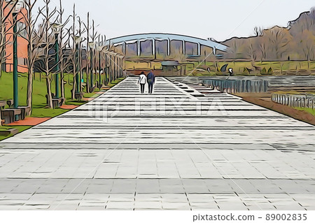 柔和的“人們在公園裡散步”插圖圖像 89002835