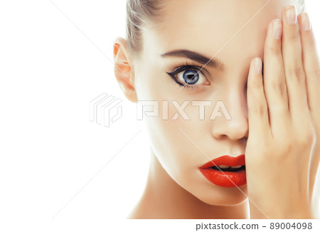 young pretty brunette real woman close up isolated on white background. Fancy fashion makeup, natural look spa 89004098