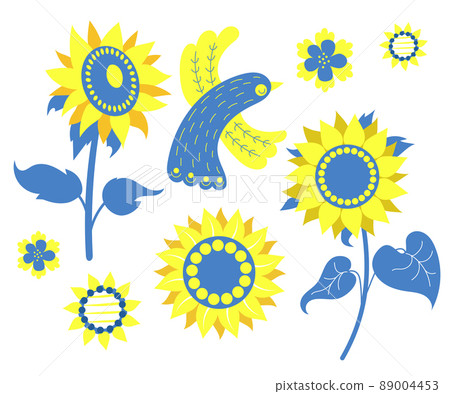 Ukrainian symbols set . Decorative bird and flowers, sunflowers. in yellow and blue, in colors of Ukrainian flag. Vector illustration. Isolated elements for decor, design, print and decoration. 89004453
