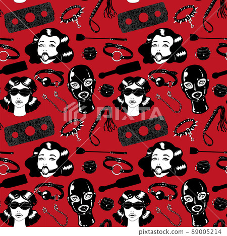 BDSM hand drawn seamless pattern. Black and white ink illustration 89005214
