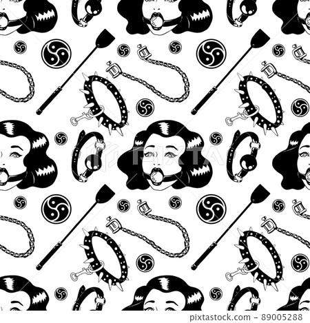 BDSM hand drawn seamless pattern. Black and white ink illustration 89005288
