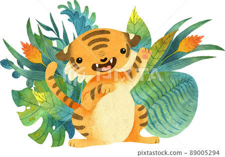 Watercolor cute little Tiger in tropical Jungle 89005294
