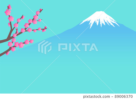 水平藍綠色背景上紅梅和富士山的明信片插圖 水平藍綠色背景上紅梅和富士山的明信片插圖 89006370