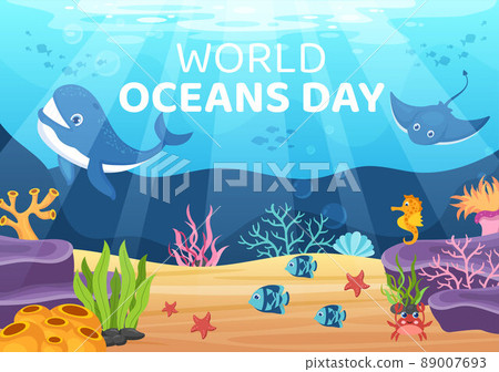 World Ocean Day Cartoon Illustration with Underwater Scenery, Various Fish Animals, Corals and Marine Plants Dedicated to Helping Protect or Preserve 89007693