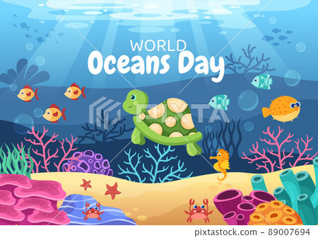 World Ocean Day Cartoon Illustration with Underwater Scenery, Various Fish Animals, Corals and Marine Plants Dedicated to Helping Protect or Preserve 89007694