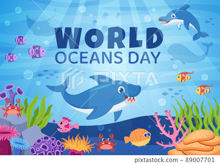 World Ocean Day Cartoon Illustration with Underwater Scenery, Various Fish Animals, Corals and Marine Plants Dedicated to Helping Protect or Preserve 89007701