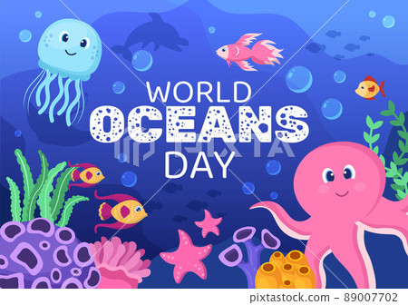 World Ocean Day Cartoon Illustration with Underwater Scenery, Various Fish Animals, Corals and Marine Plants Dedicated to Helping Protect or Preserve 89007702