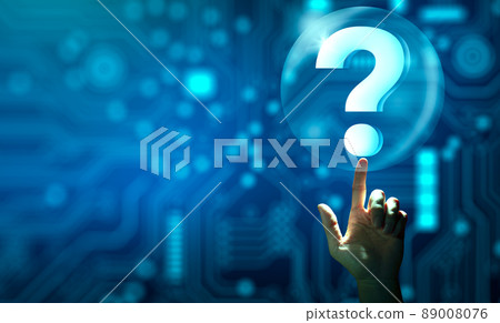 Man hand holding digital question mark holographic. Abstract Technology background. Q and A discussion. FAQ, Support, Question and Answer. Help service business Concept. 89008076