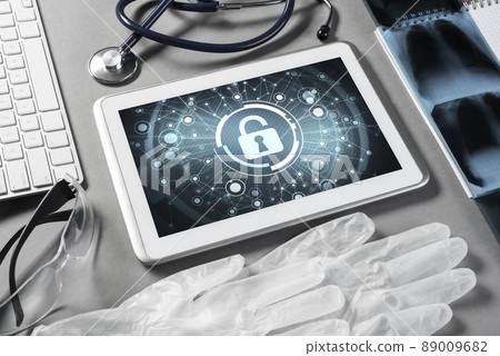 Web security and technology concept with tablet pc on table 89009682