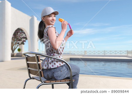 A woman wearing a hat sits on a chair on the rooftop with a scenic pool and looks back with popsicles in her hands. 89009844