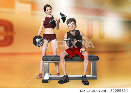 A girl training with heavy dumbbells and a boy with glasses who can't lift light dumbbells A girl training with heavy dumbbells and a boy with glasses who can't lift light dumbbells 89009864