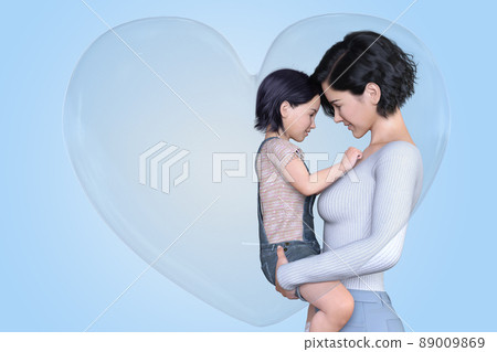 Mom holds her child, sticks her forehead and stares at each other Mom holds her child, sticks her forehead and stares at each other 89009869