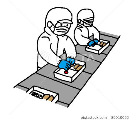 Worker in white hygiene clothes making lunch on line at a food factory (simple) 89010063