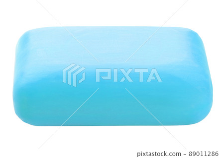 Pieces of blue soap isolated on white background. Hygiene concept. 89011286