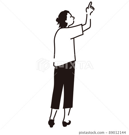 Idea: Female finger pointing, whole body, back view, line drawing, vector illustration 89012144