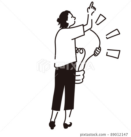 Idea: Female finger pointing, whole body, back view, line drawing, vector illustration 89012147