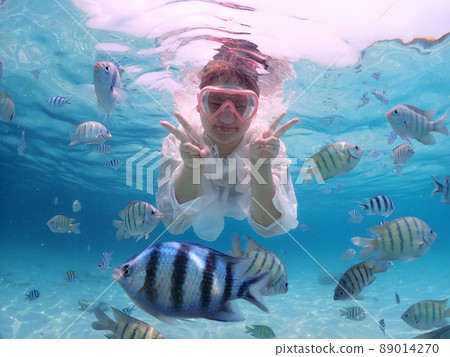 Tourist people diving with snorkel to see nemo fish , beautiful fish and coral at Samaesarn Island of Thailand Tourist people diving with snorkel to see nemo fish , beautiful fish and coral at Samaesarn Island of Thailand 89014270