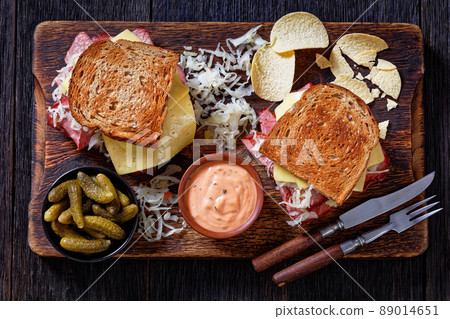 reuben sandwich with corned beef, top view reuben sandwich with corned beef, top view 89014651