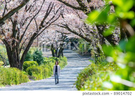 Image of spring woman walking on the road 89014702