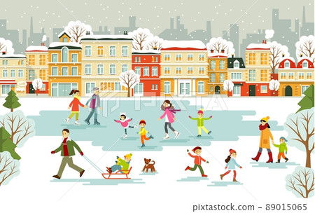Ice rink with different people on city background 89015065