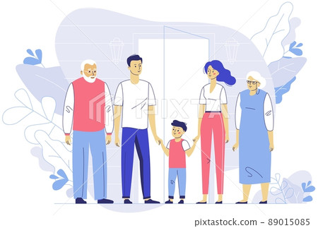 Happy young family dad, mom, son, grandmother and grandfather near house Happy young family dad, mom, son, grandmother and grandfather near house 89015085