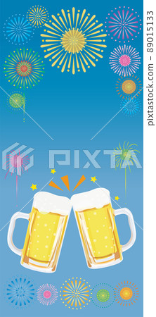 Two beer mugs and fireworks background 89015133