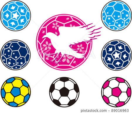 Various white Yatagarasu and colorful soccer balls 89016963