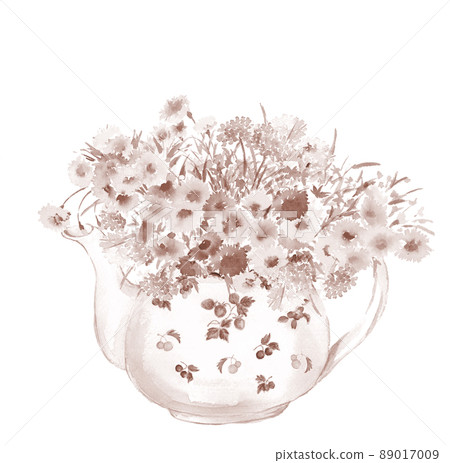 Bouquet in sepia-tone teapot [Hand-painted watercolor] White background copy space 89017009