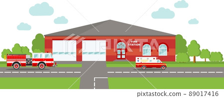 Panoramic background with fire station building and fire truck. 89017416