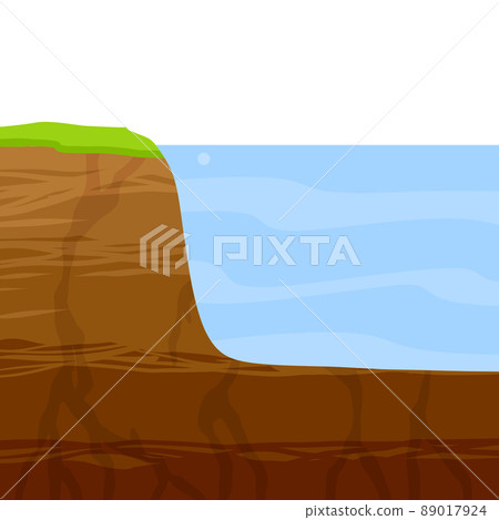 Water shore. Land in cross section. Coast of pond and bottom of lake. Ecology and geology. Flat cartoon illustration 89017924