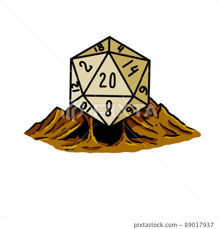 Dungeon and dragons board game. Dice d20 and cartoon cave entrance. Dungeon and dragons board game. Dice d20 and cartoon cave entrance. 89017937