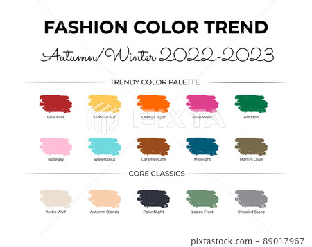Fashion Color Trend Autumn - Winter 2022 - 2023. Trendy colors palette guide. Fabric swatches with color names. Easy to edit vector template for your creative designs 89017967