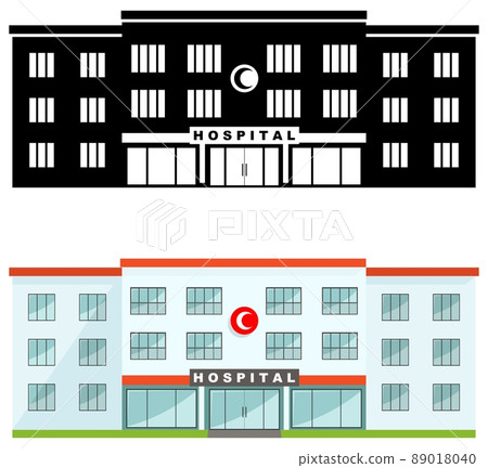 Medical concept. Different kind muslim hospital building isolated on white background in flat style. Colored and black silhouette. Vector illustration. Medical concept. Different kind muslim hospital building isolated on white background in flat style. Colored and black silhouette. Vector illustration. 89018040