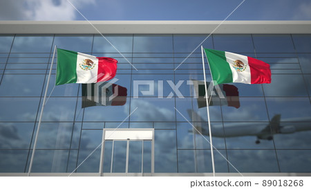 Landing airliner and flags of Mexico in the airport terminal. 3D rendering Landing airliner and flags of Mexico in the airport terminal. 3D rendering 89018268