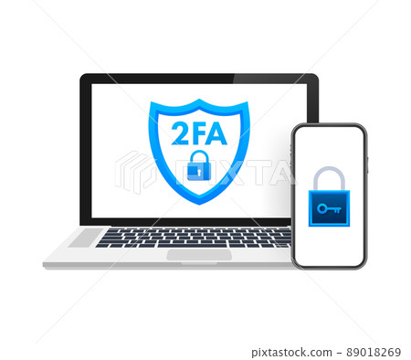 Two step authentication 2fa, flat cartoon smartphone and computer safety login or signin. Vector stock illustration. Two step authentication 2fa, flat cartoon smartphone and computer safety login or signin. Vector stock illustration. 89018269
