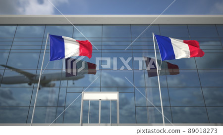 Waving flags of France in the airport and landing airplane. 3D rendering Waving flags of France in the airport and landing airplane. 3D rendering 89018273