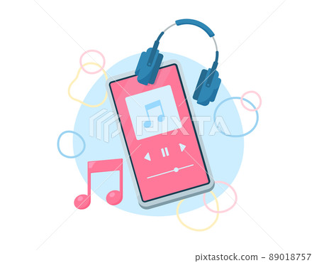 聽在手機上的音樂的例證耳機和音樂播放器在線播放歌曲。 聽在手機上的音樂的例證耳機和音樂播放器在線播放歌曲。 89018757