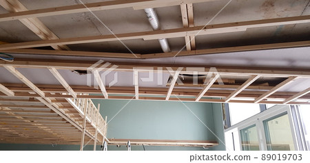Construction site. Carpentry. Interior. Interior. Ceiling. Gypsum board Construction site. Carpentry. Interior. Interior. Ceiling. Gypsum board 89019703