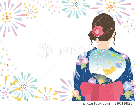 浴衣的女人,後視圖,煙花背景 浴衣的女人,後視圖,煙花背景 89019923