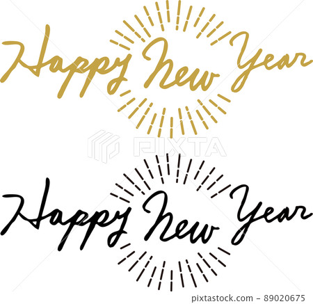 新年快樂-手寫字符-草書-英文-新年賀卡徑向標誌黑金套裝 89020675