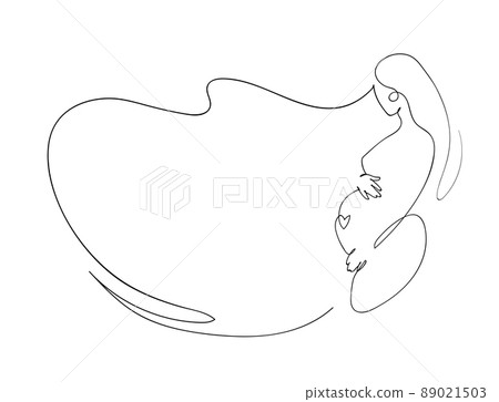 Pregnancy artline hand drawing, motherhood sketch, pregnant woman line art with continuous line. Vector banner with copyspace. 89021503