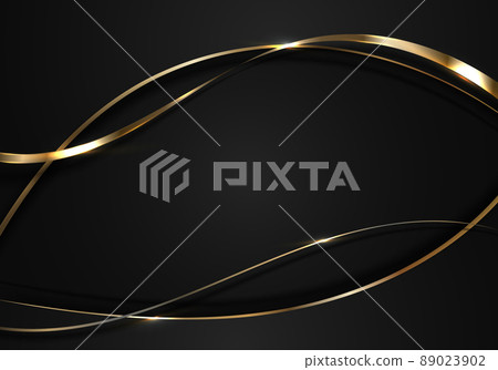 Abstract 3D elegant gold and black curved wave lines with shiny sparkling light on dark background luxury style 89023902
