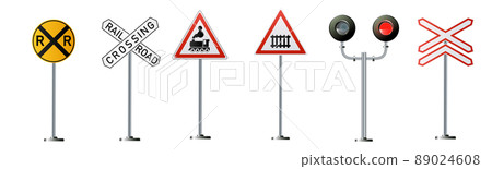Railway signs set isolated on a white background. Vector railroad traffic light Railway signs set isolated on a white background. Vector railroad traffic light 89024608