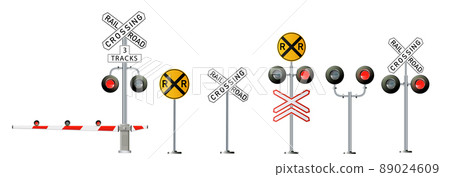 Road signs and railroad crossing barriers are used in the United States.traffic light, Railway barriers close isolated on white background, design concept for start up, business solutions, Road signs and railroad crossing barriers are used in the United States.traffic light, Railway barriers close isolated on white background, design concept for start up, business solutions, 89024609