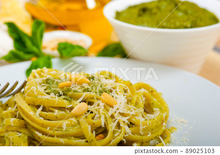 Italian traditional basil pesto pasta ingredients Italian traditional basil pesto pasta ingredients 89025103