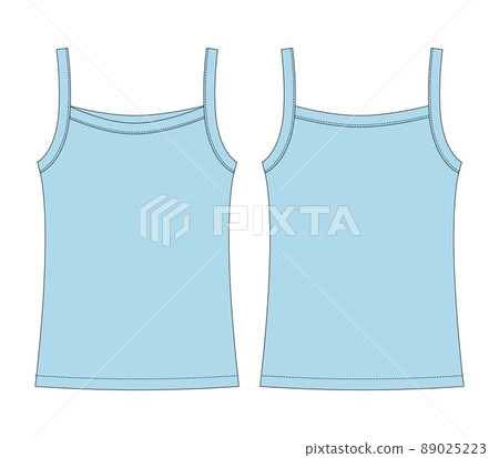 Baby sleeveless tank top with straps technical sketch. Children outline undershirt. Sky blue color. Baby sleeveless tank top with straps technical sketch. Children outline undershirt. Sky blue color. 89025223
