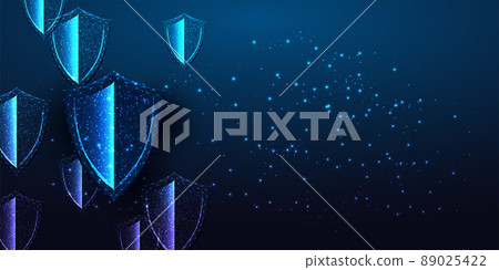 Futuristic cyber security, protection concept banner with glowing shields, copy space on dark blue  89025422